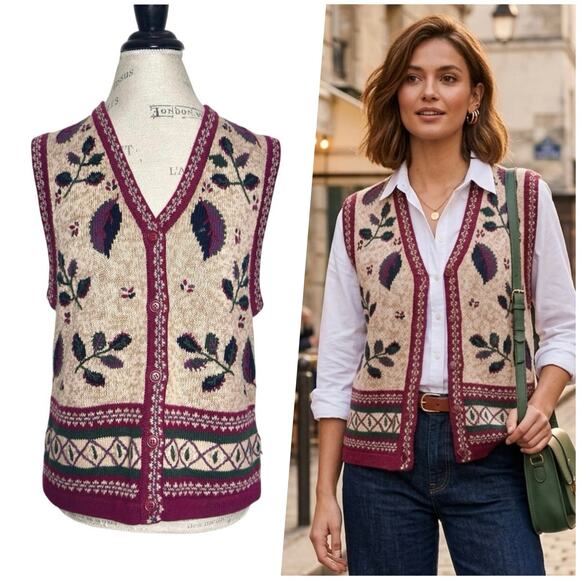 Mountain Lake Jackets & Blazers - Mountain Lake | Women | Vintage Grannycore Leaf Ramie Cotton Knit Vest | Medium